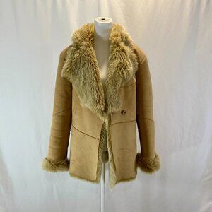 Vintage Women Faux Suede Shearling Fur-Trim Coat, Tan, Size M
